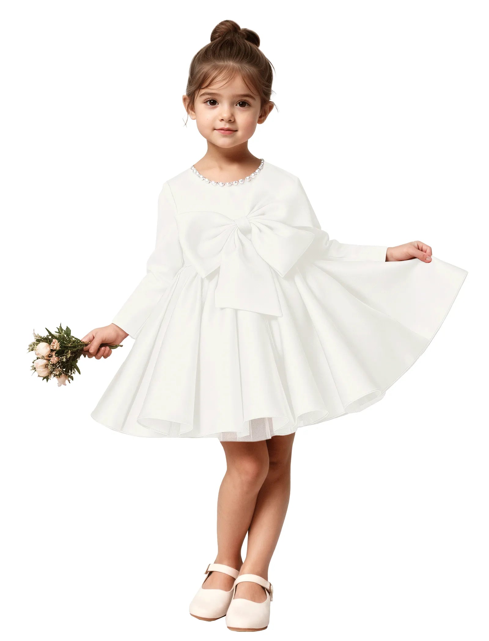 Girls Long Sleeve Satin Dress with Bow and Pearls
