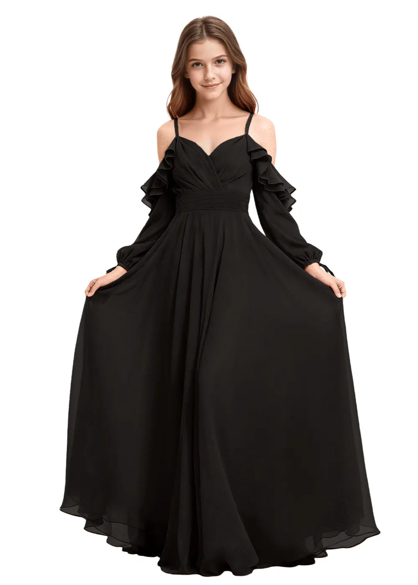 Girls Off Shoulder Chiffon Long Dress for Junior Bridesmaid Parties | Fynony Girls Off Shoulder Chiffon Long Dress for Junior Bridesmaid Parties | Fynony