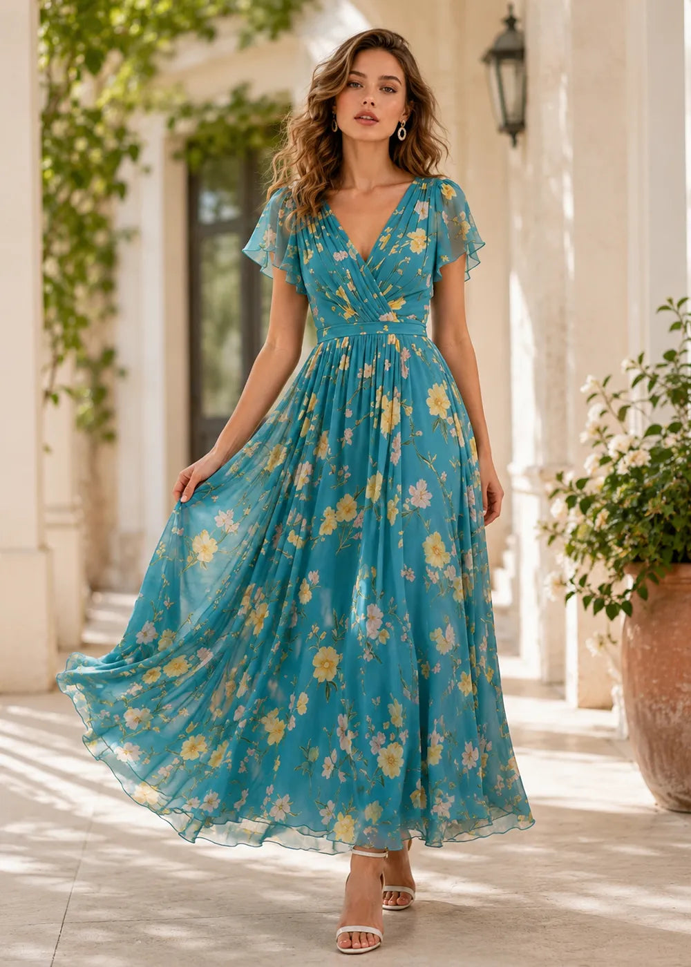 Elegant Flutter Sleeve Chiffon Dress