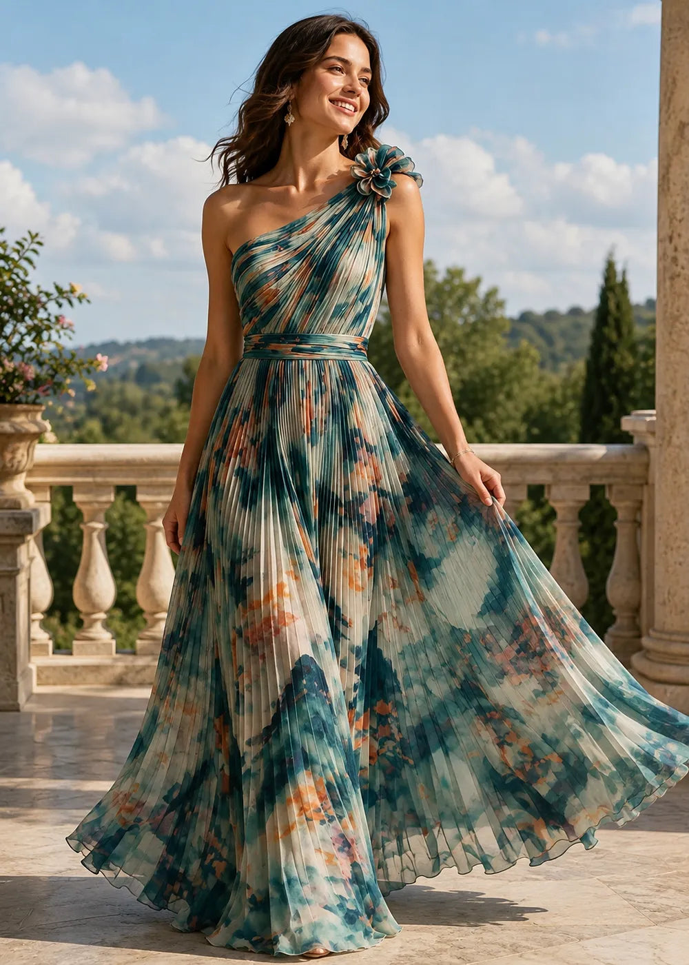 Petal One Shoulder Pleated Maxi Dress