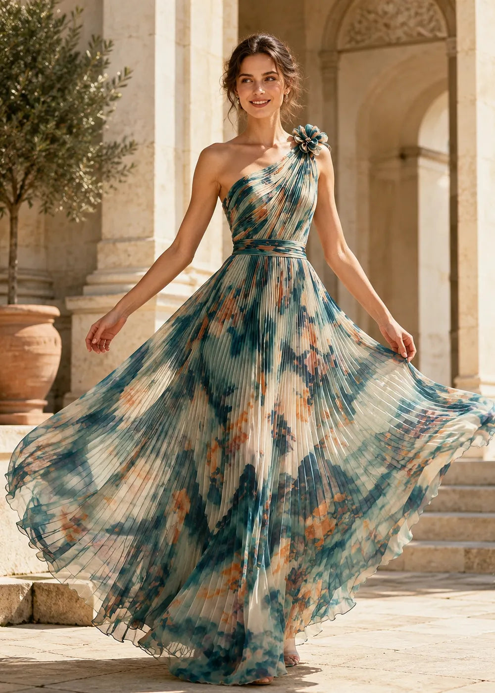 Petal One Shoulder Pleated Maxi Dress