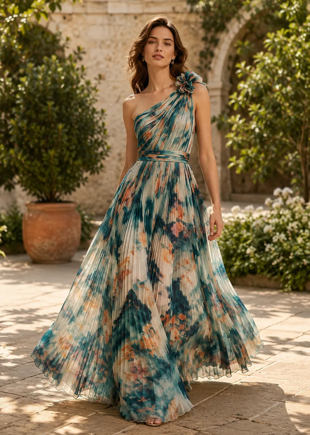 Petal One Shoulder Pleated Maxi Dress