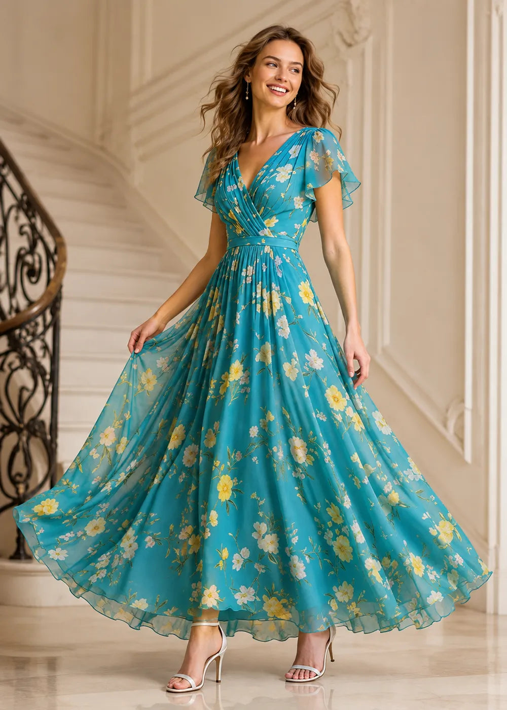 Elegant Flutter Sleeve Chiffon Dress