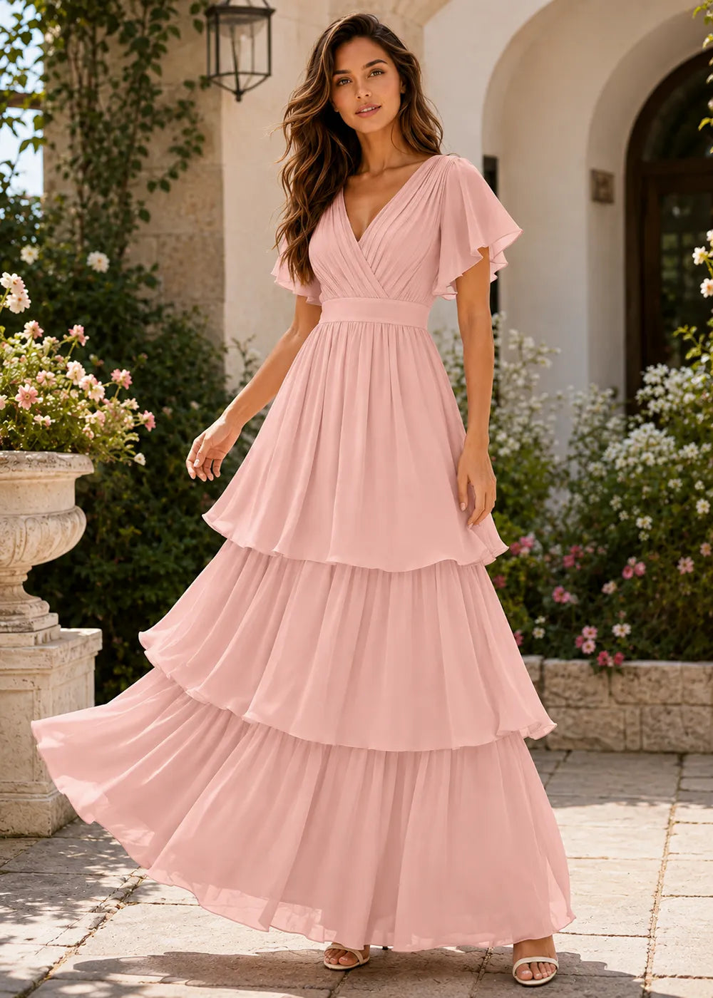 Aura Lace-Up Back Chiffon Wedding Guest Dress