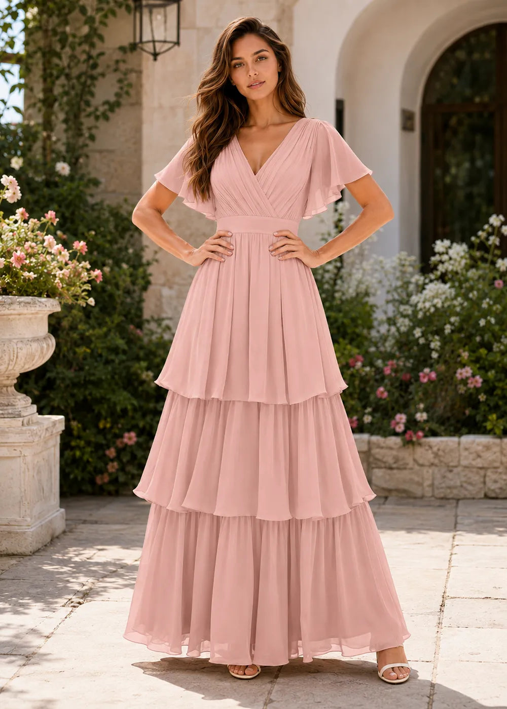 Aura Lace-Up Back Chiffon Wedding Guest Dress