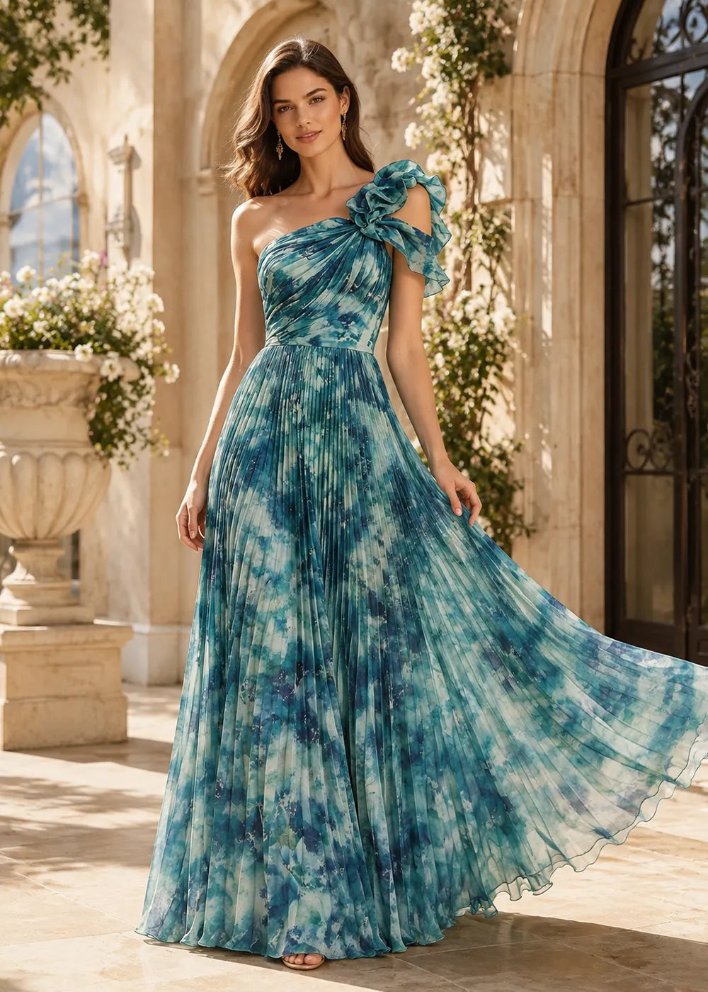 Graceful Asymmetric Shoulder Chiffon Evening Dress