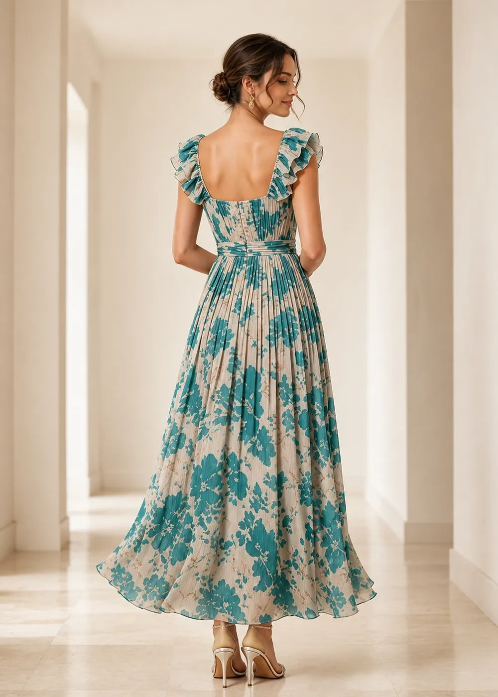 Blooming Garden Pleated Chiffon Maxi Dress