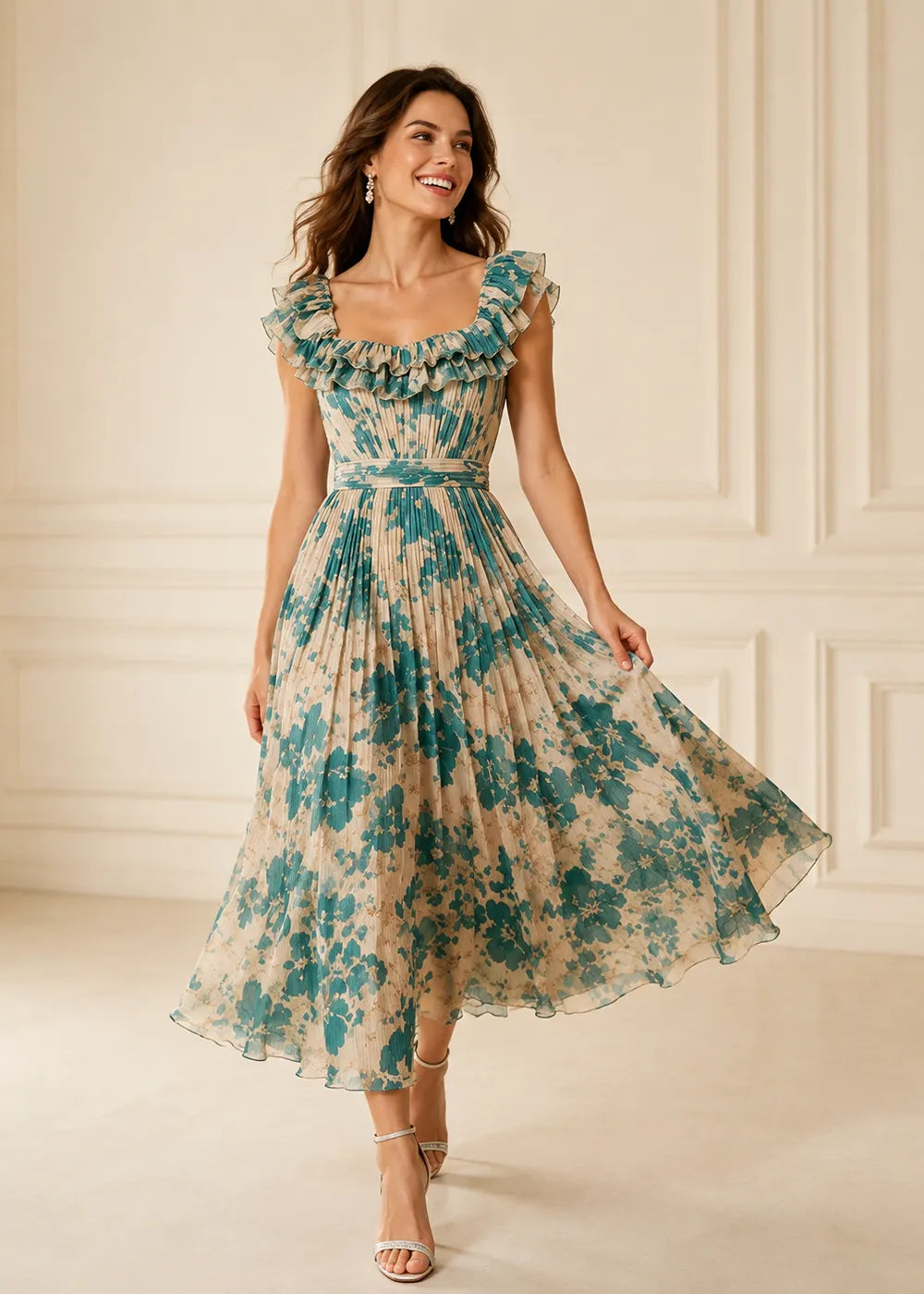 Blooming Garden Pleated Chiffon Maxi Dress