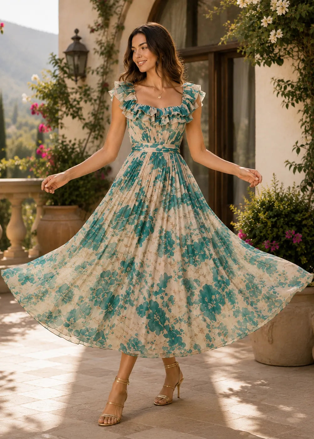 Blooming Garden Pleated Chiffon Maxi Dress