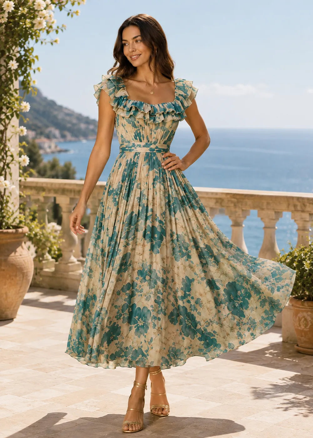 Blooming Garden Pleated Chiffon Maxi Dress