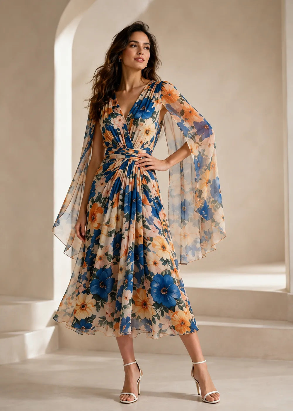 Floral Chiffon Midi Wedding Guest Dress