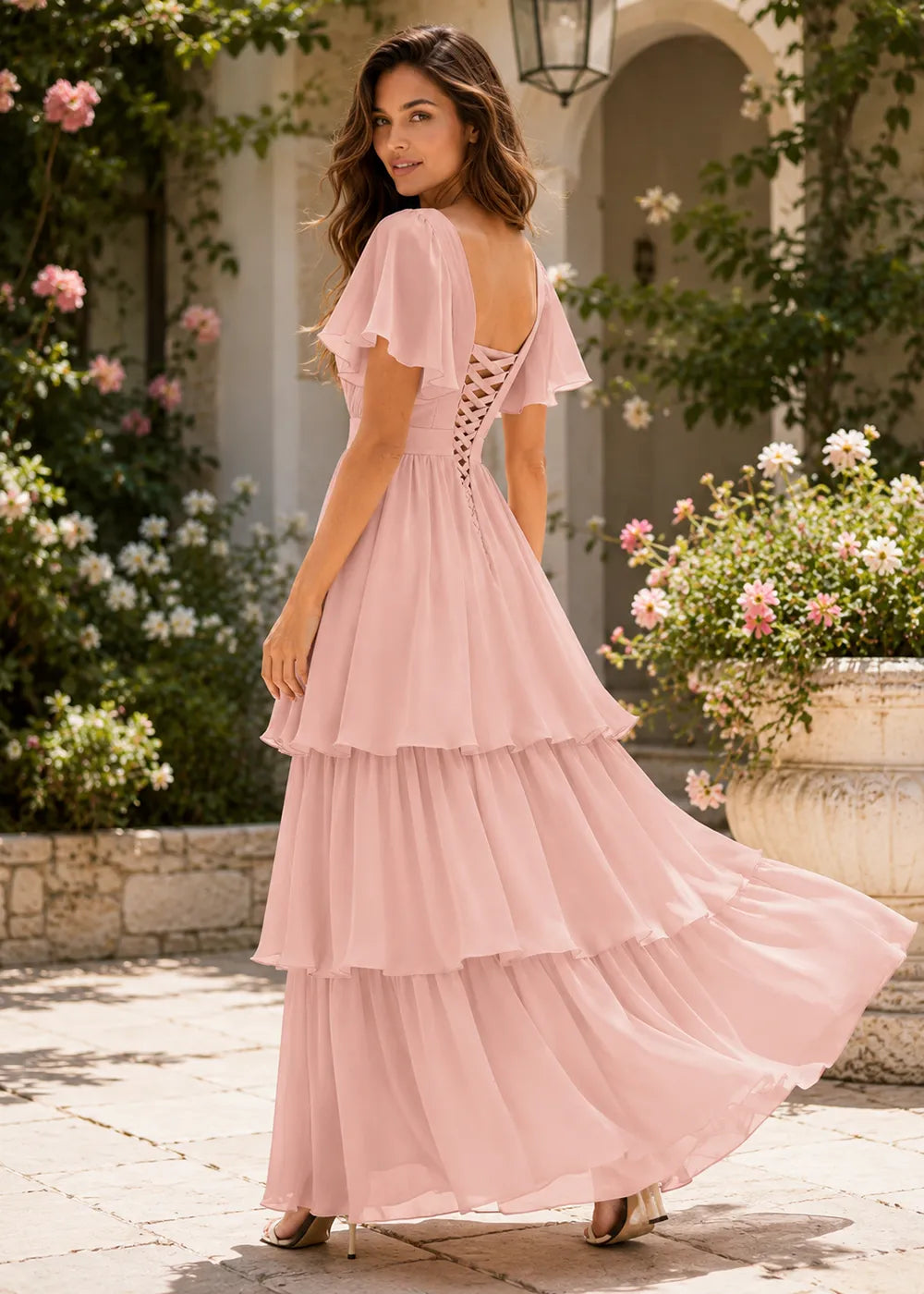 Aura Lace-Up Back Chiffon Wedding Guest Dress