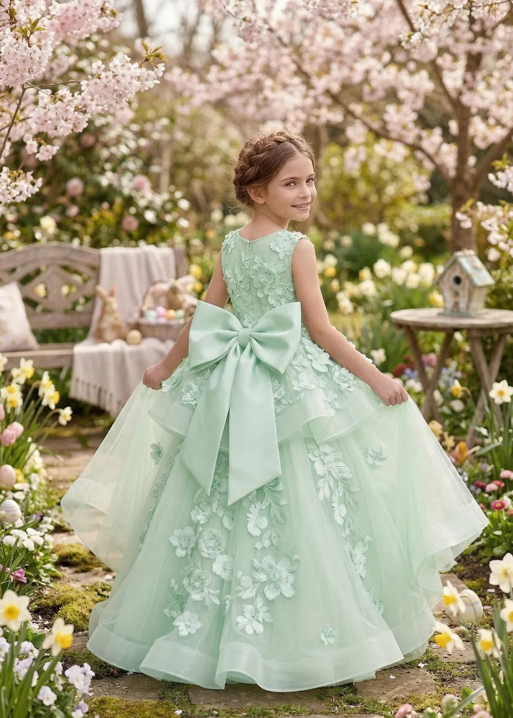 3D Floral Applique Tulle Formal Gown for Kids