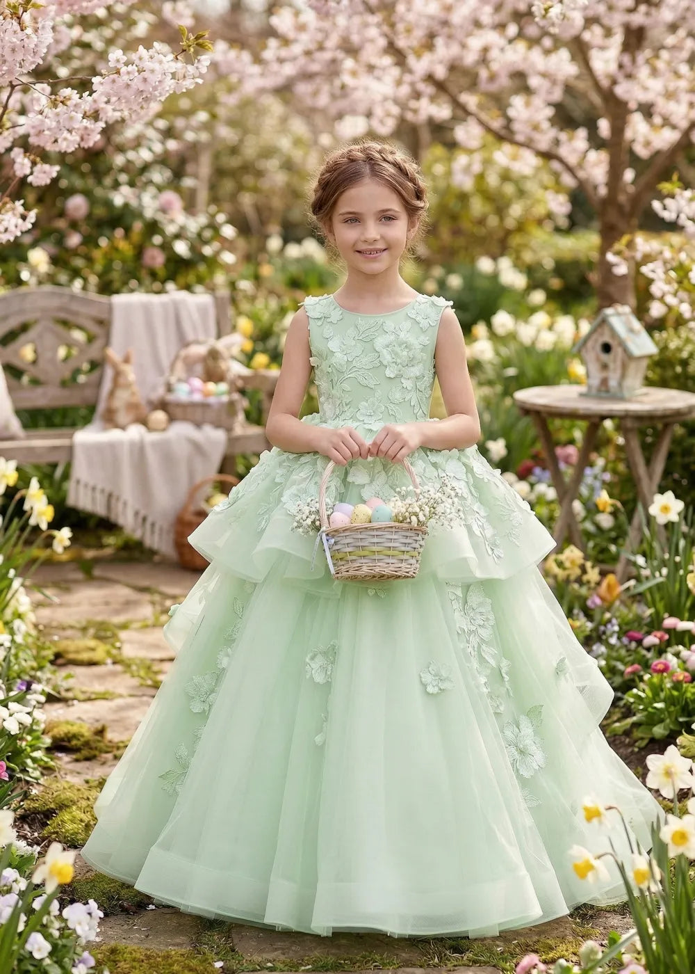 3D Floral Applique Tulle Formal Gown for Kids