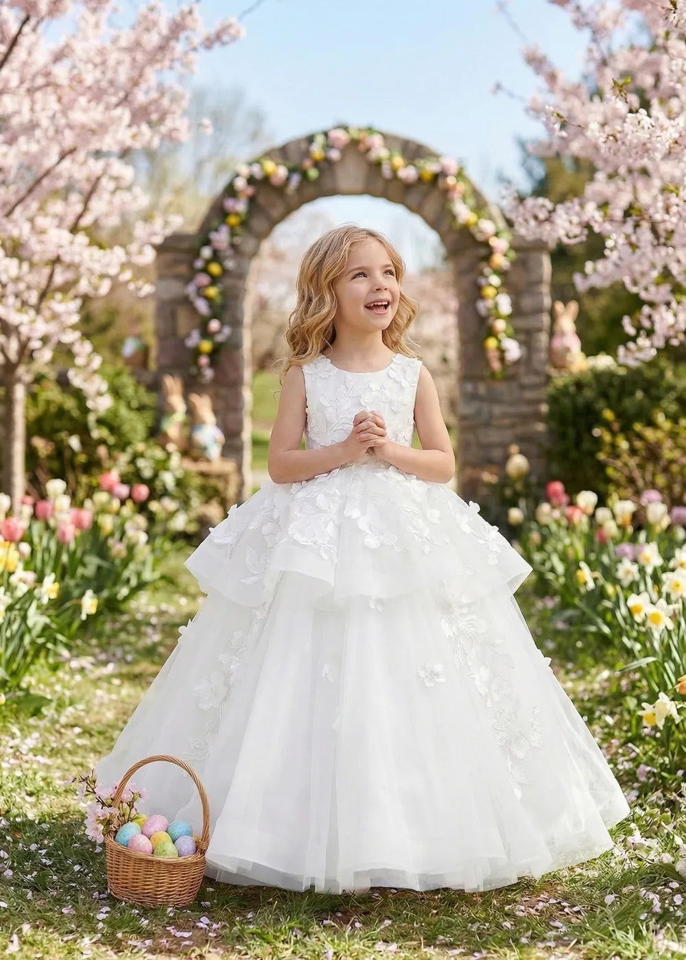 3D Floral Applique Tulle Formal Gown for Kids