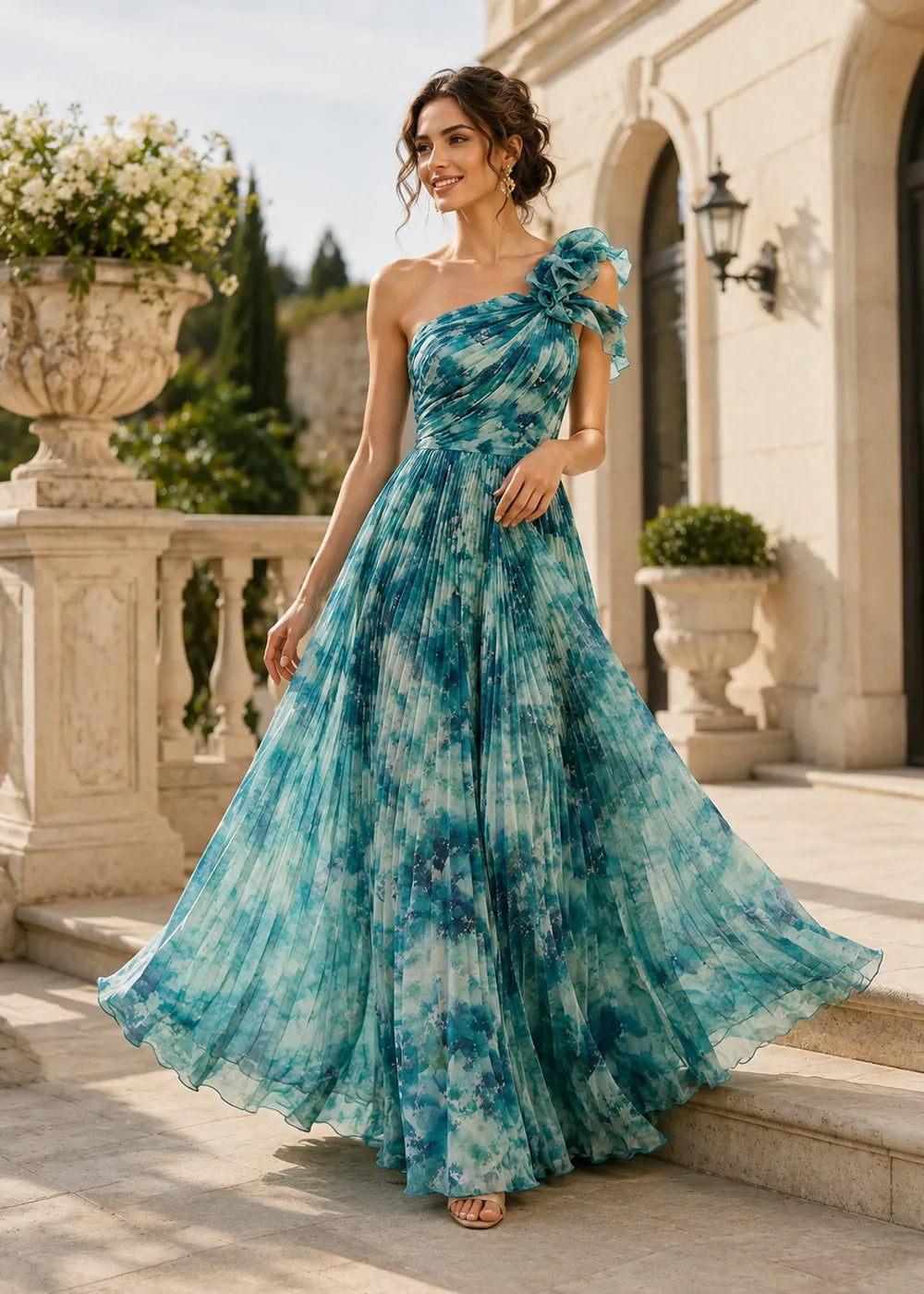 Graceful Asymmetric Shoulder Chiffon Evening Dress