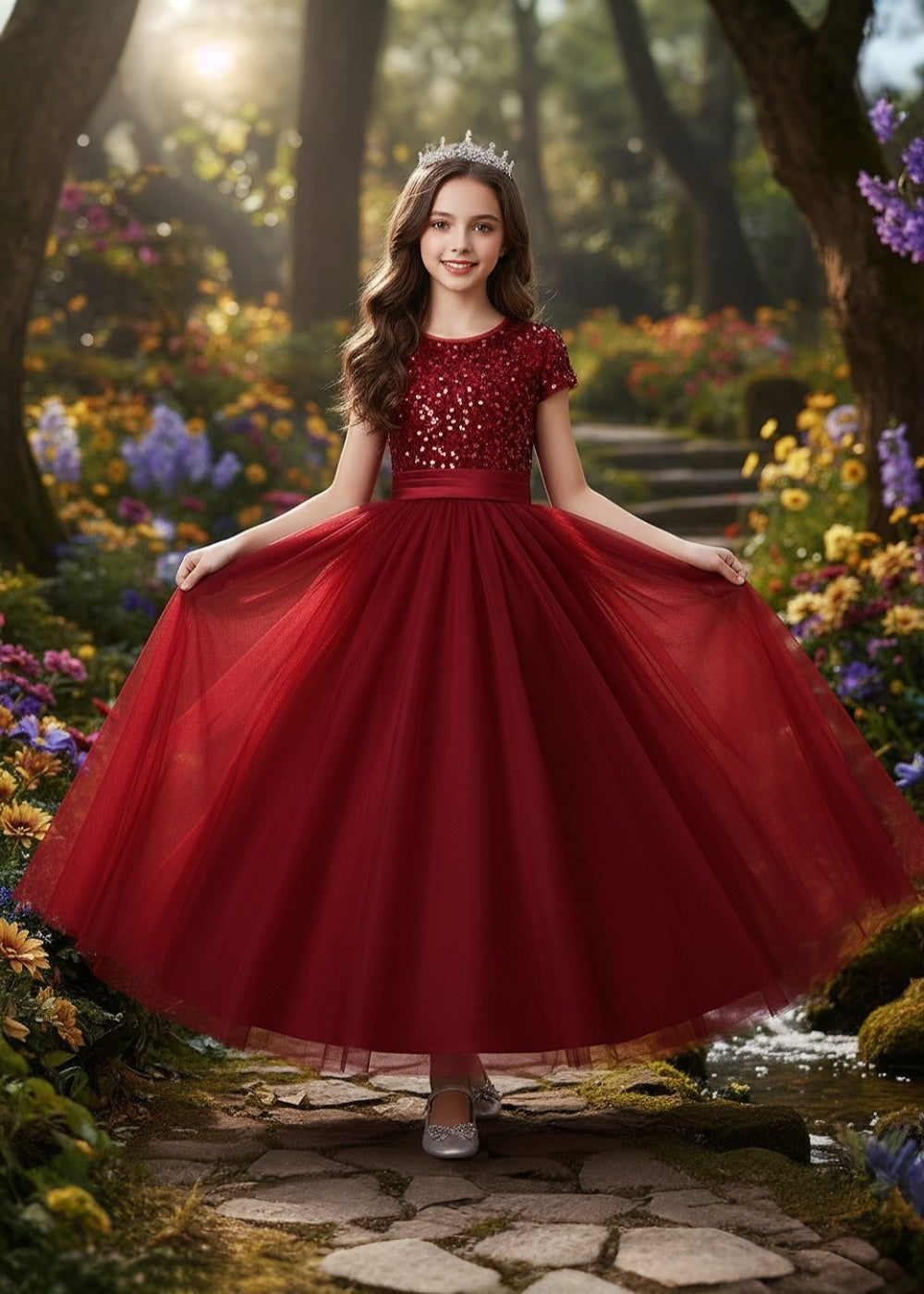 Burgundy Holiday & Wedding Sequin Princess Dress