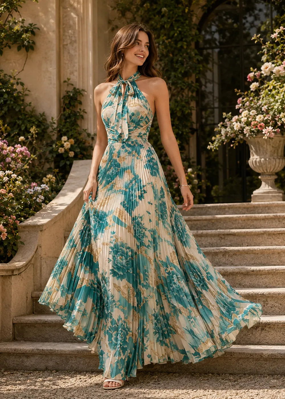 Romantic Tie Neck Floral Maxi Dress