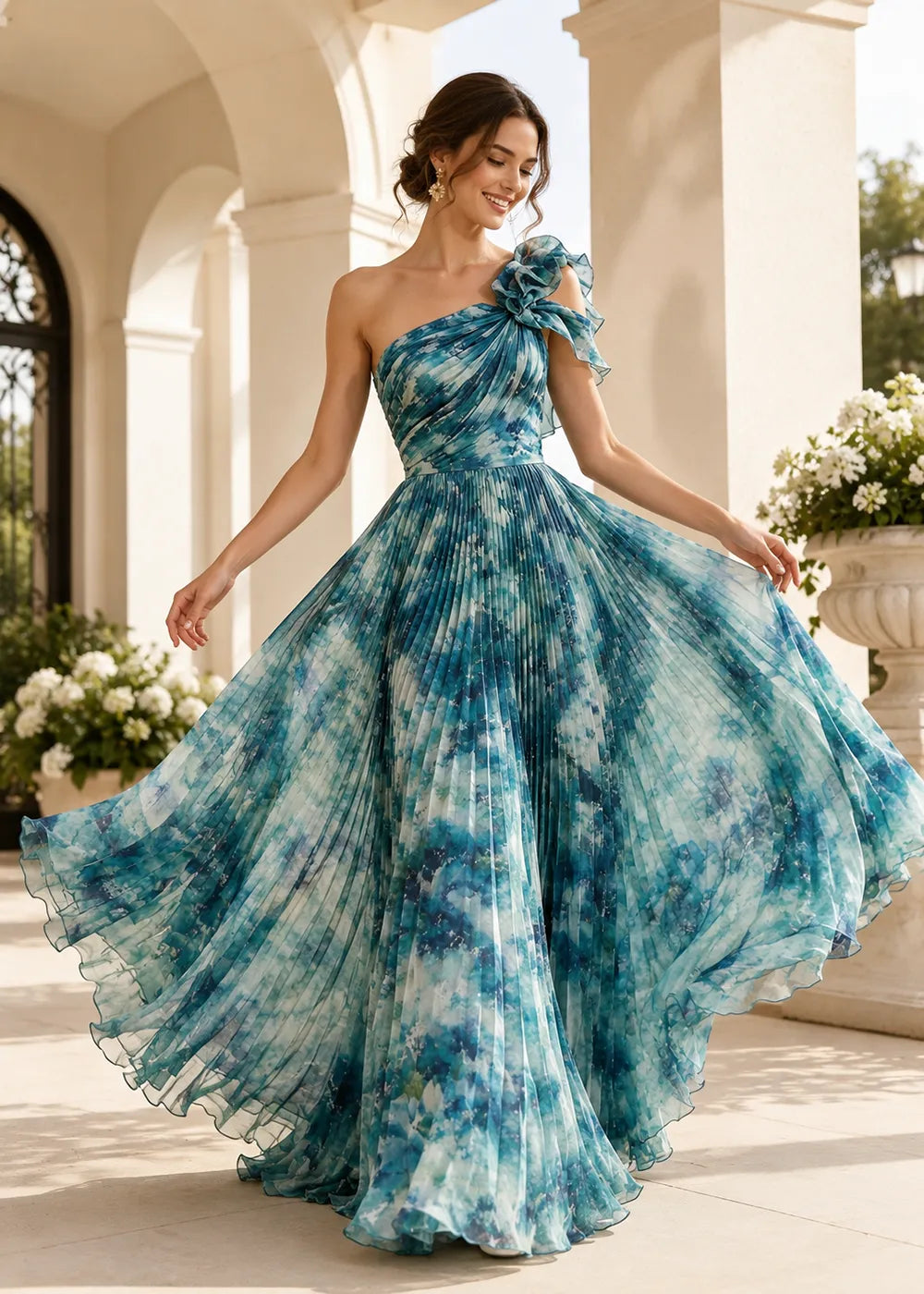 Graceful Asymmetric Shoulder Chiffon Evening Dress