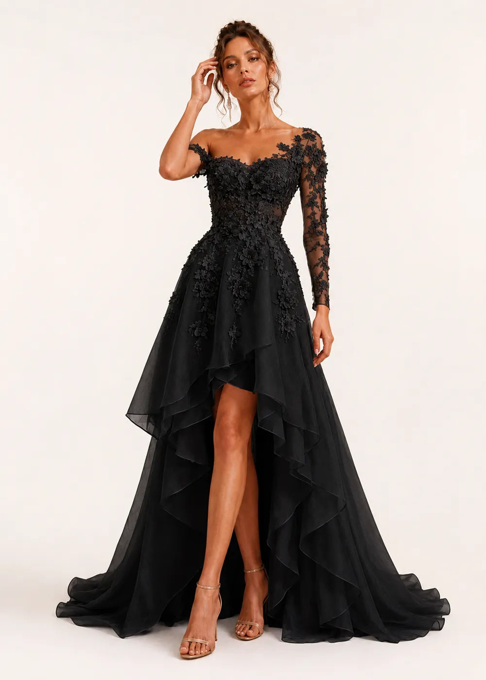 Asymmetrical Floral Appliqué High-Low Formal Gown