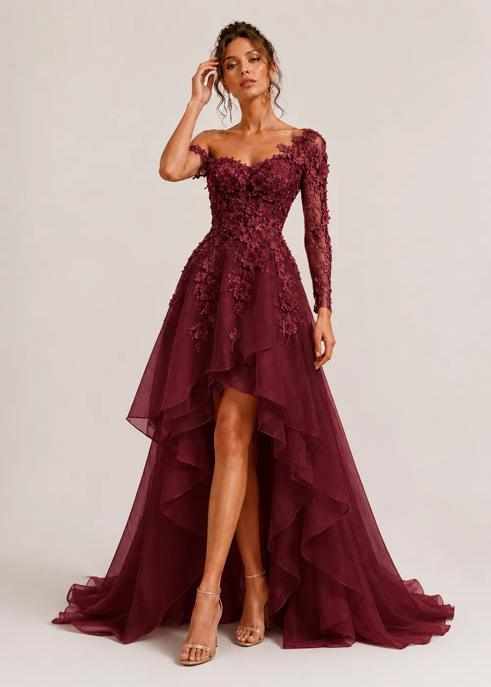 Asymmetrical Floral Appliqué High-Low Formal Gown