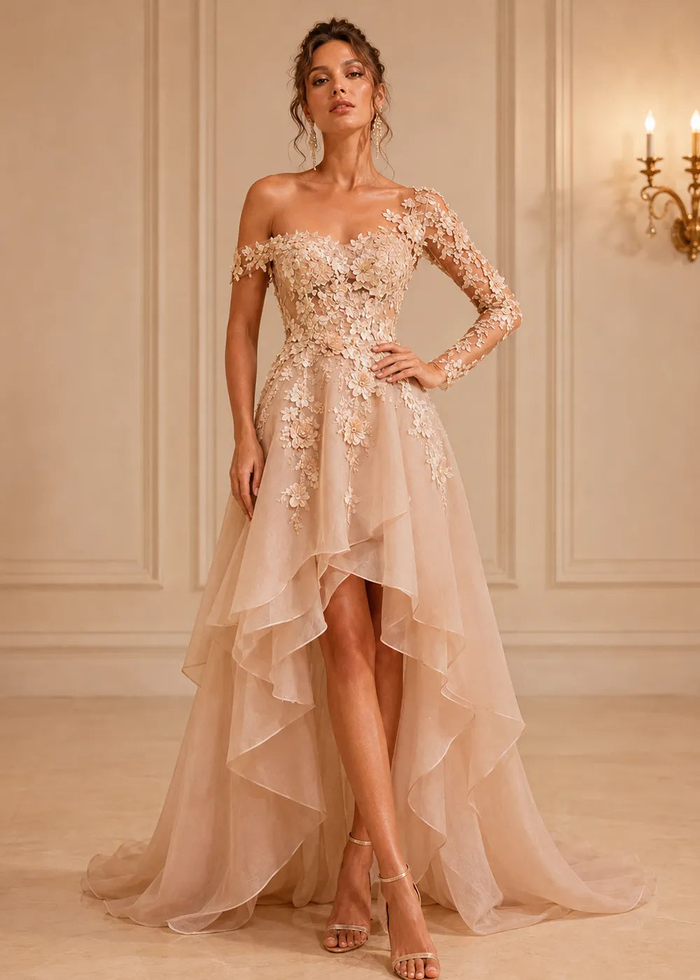 Asymmetrical Floral Appliqué High-Low Formal Gown