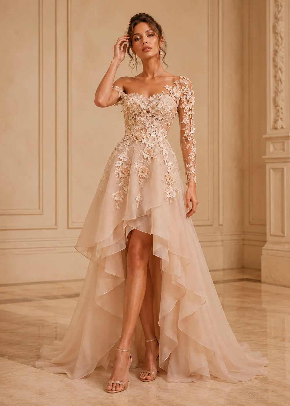 Asymmetrical Floral Appliqué High-Low Formal Gown