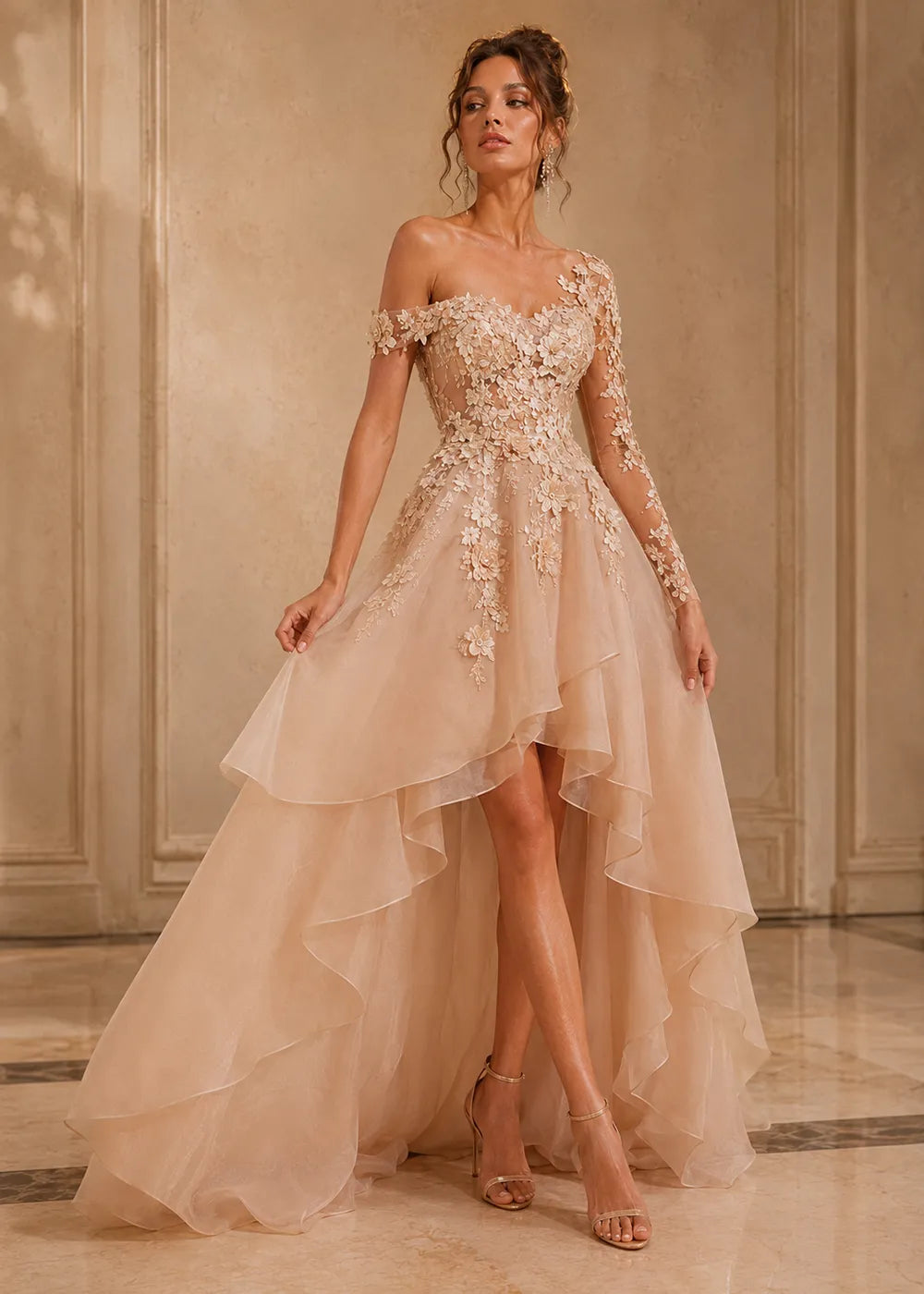 Asymmetrical Floral Appliqué High-Low Formal Gown