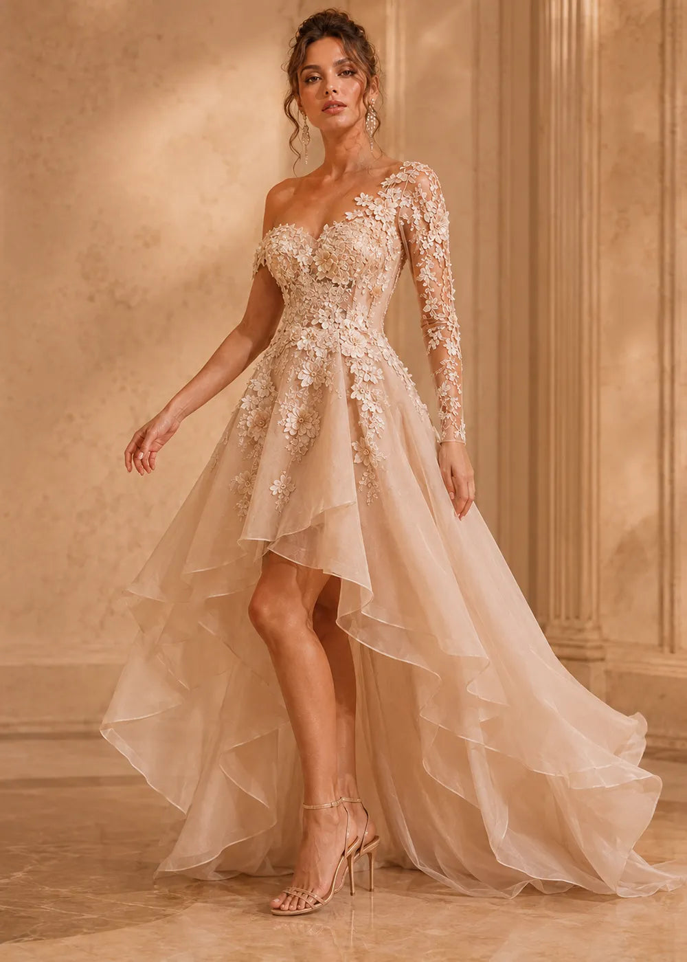 Asymmetrical Floral Appliqué High-Low Formal Gown