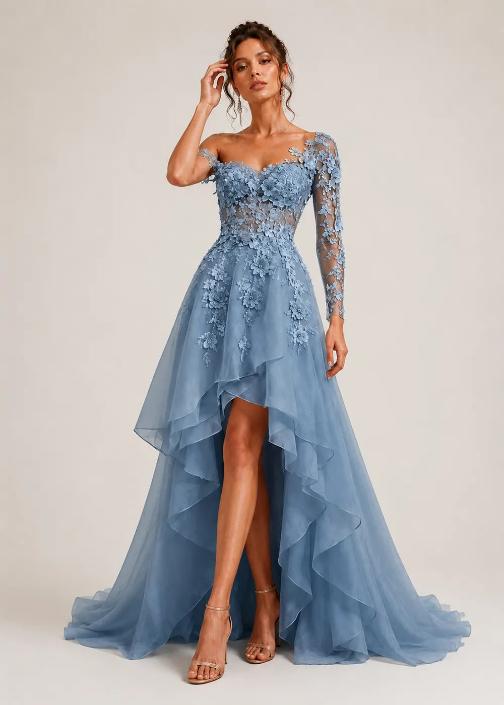 Asymmetrical Floral Appliqué High-Low Formal Gown