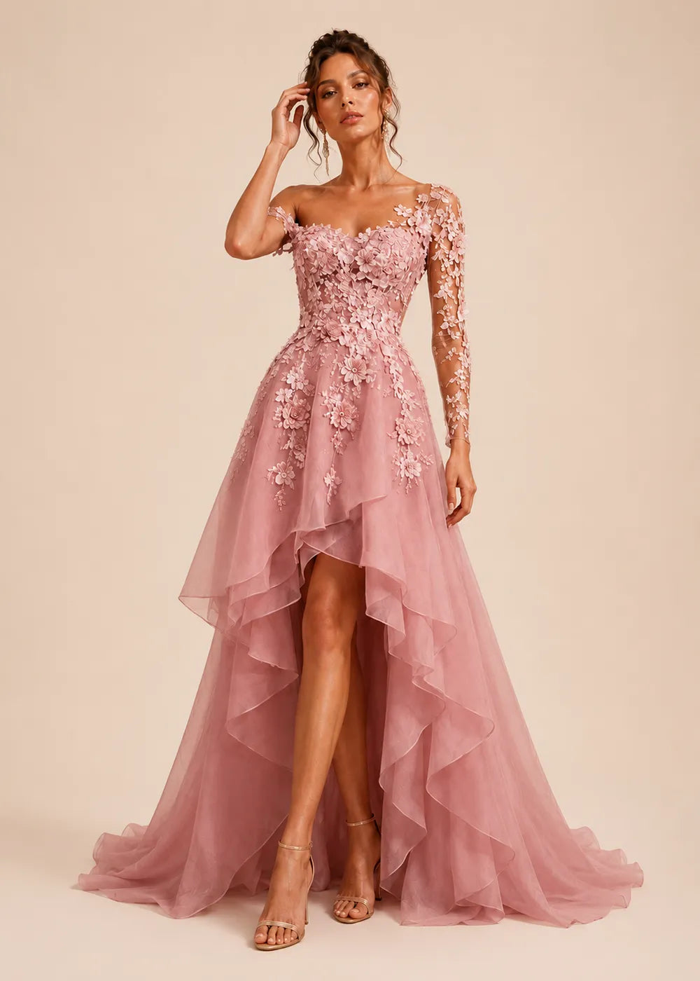 Asymmetrical Floral Appliqué High-Low Formal Gown