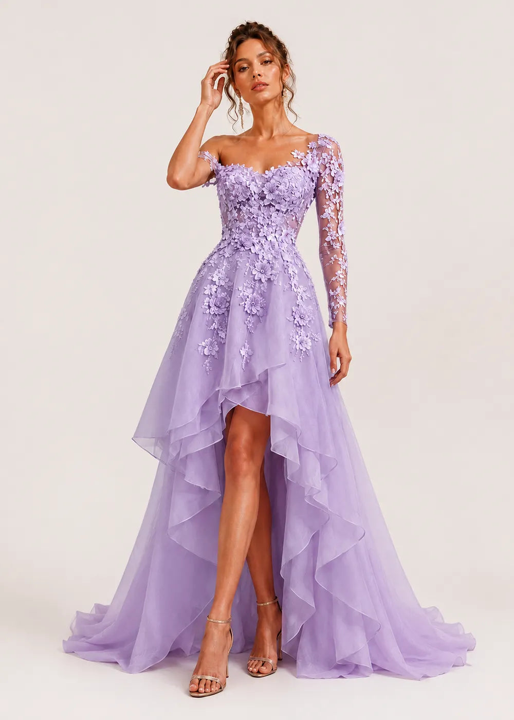Asymmetrical Floral Appliqué High-Low Formal Gown