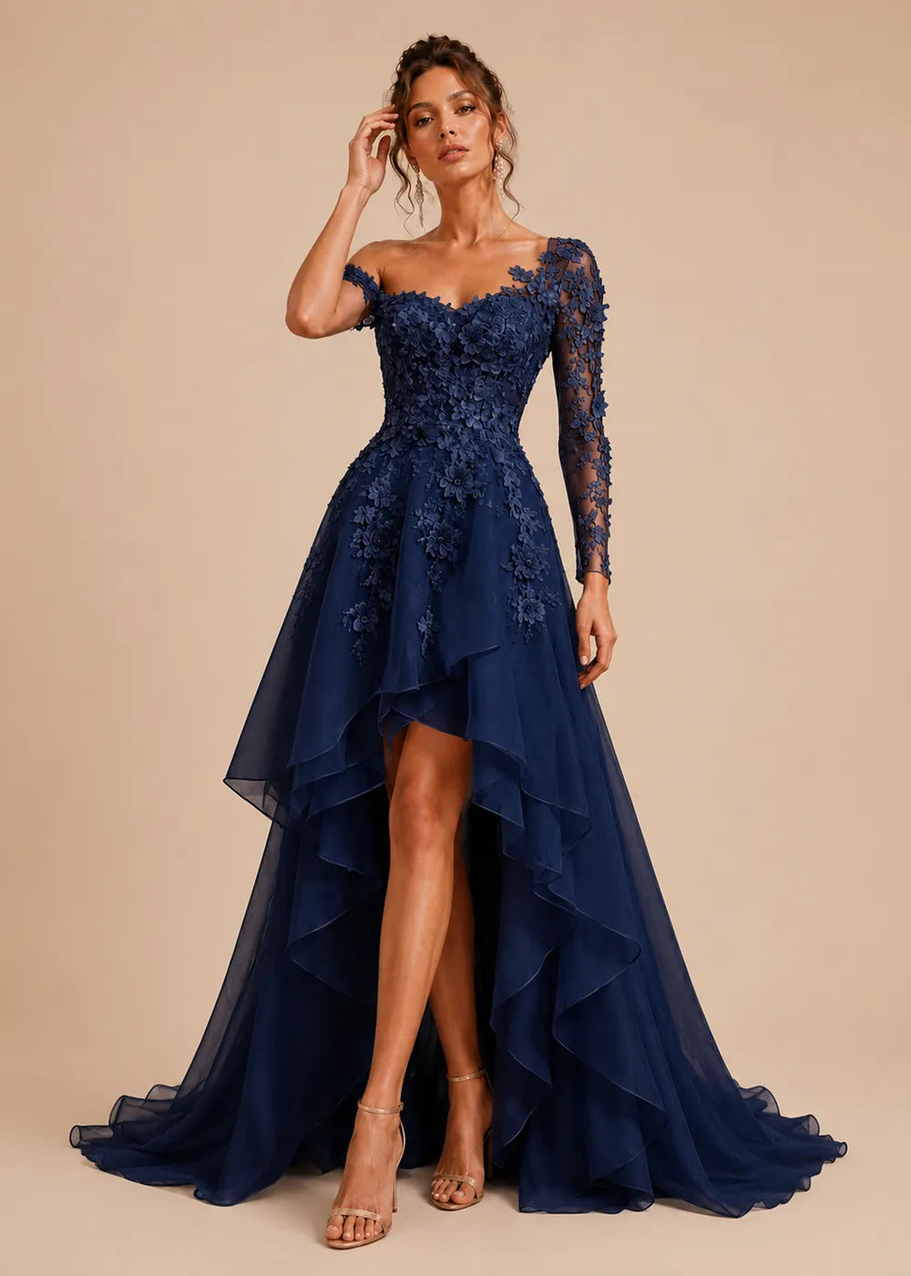Asymmetrical Floral Appliqué High-Low Formal Gown