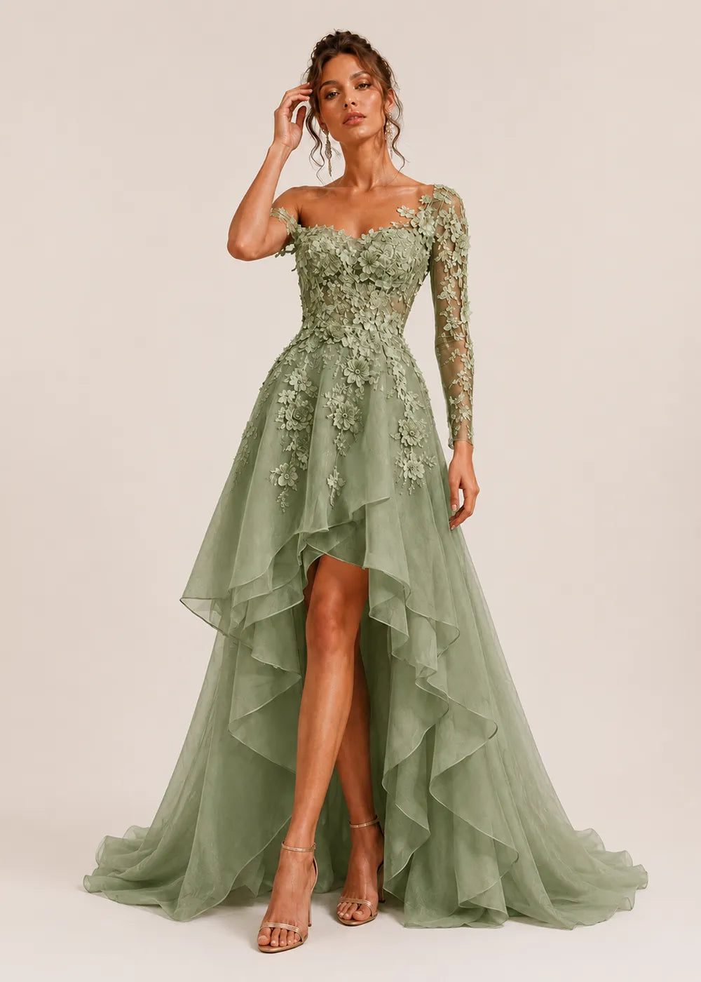 Asymmetrical Floral Appliqué High-Low Formal Gown