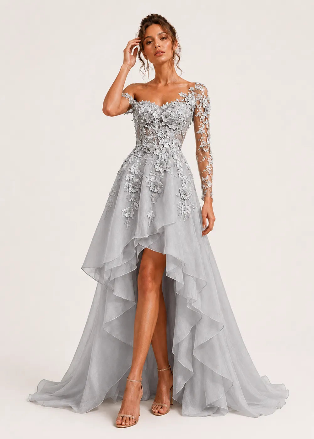 Asymmetrical Floral Appliqué High-Low Formal Gown