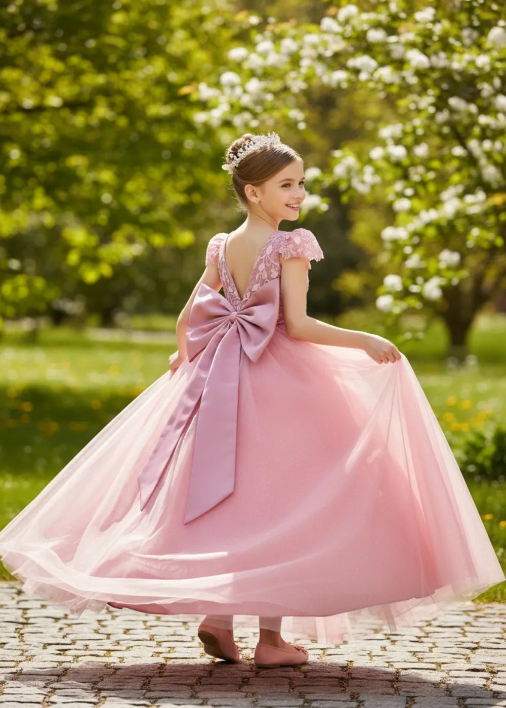 Pink Princess Flower Girl Dress with Lace Bodice