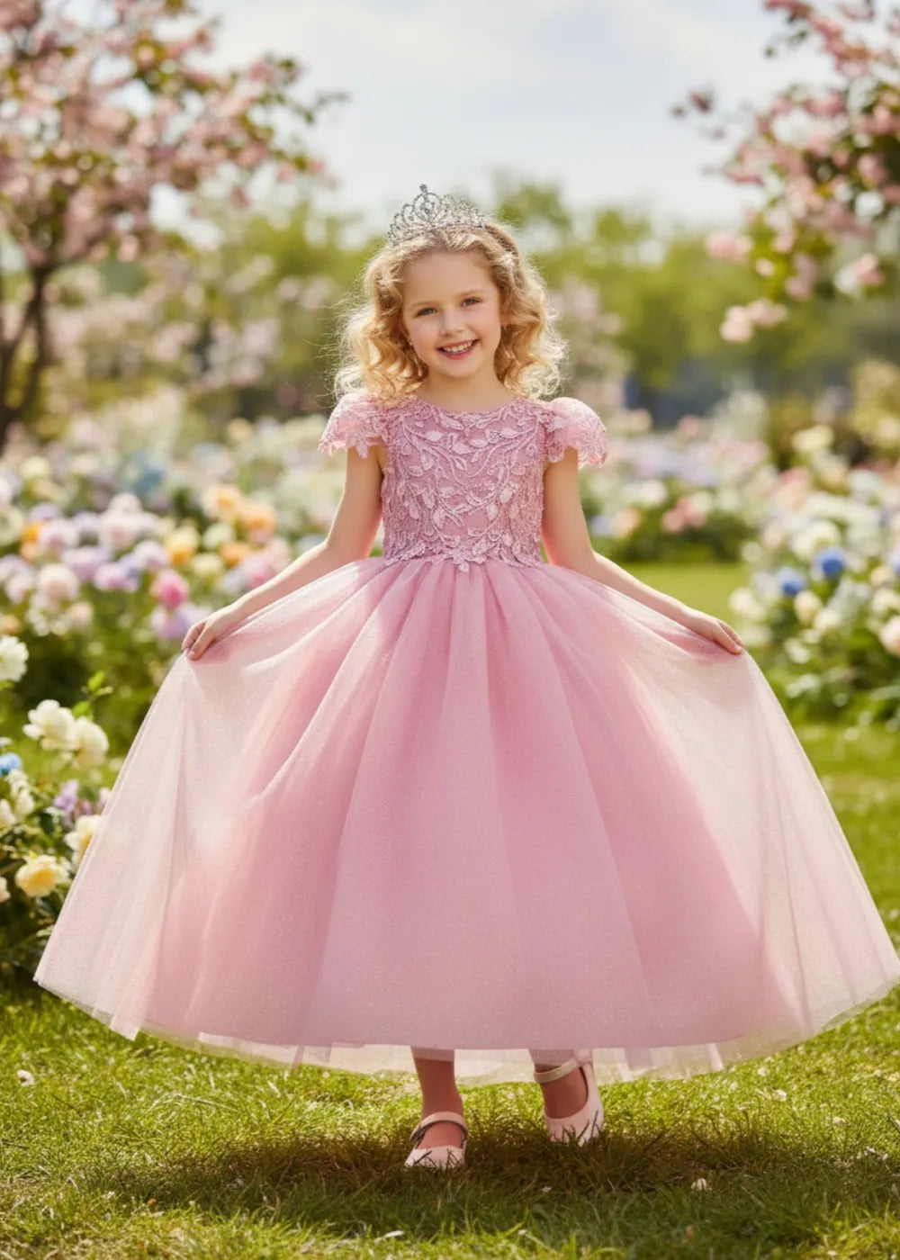 Pink Princess Flower Girl Dress with Lace Bodice