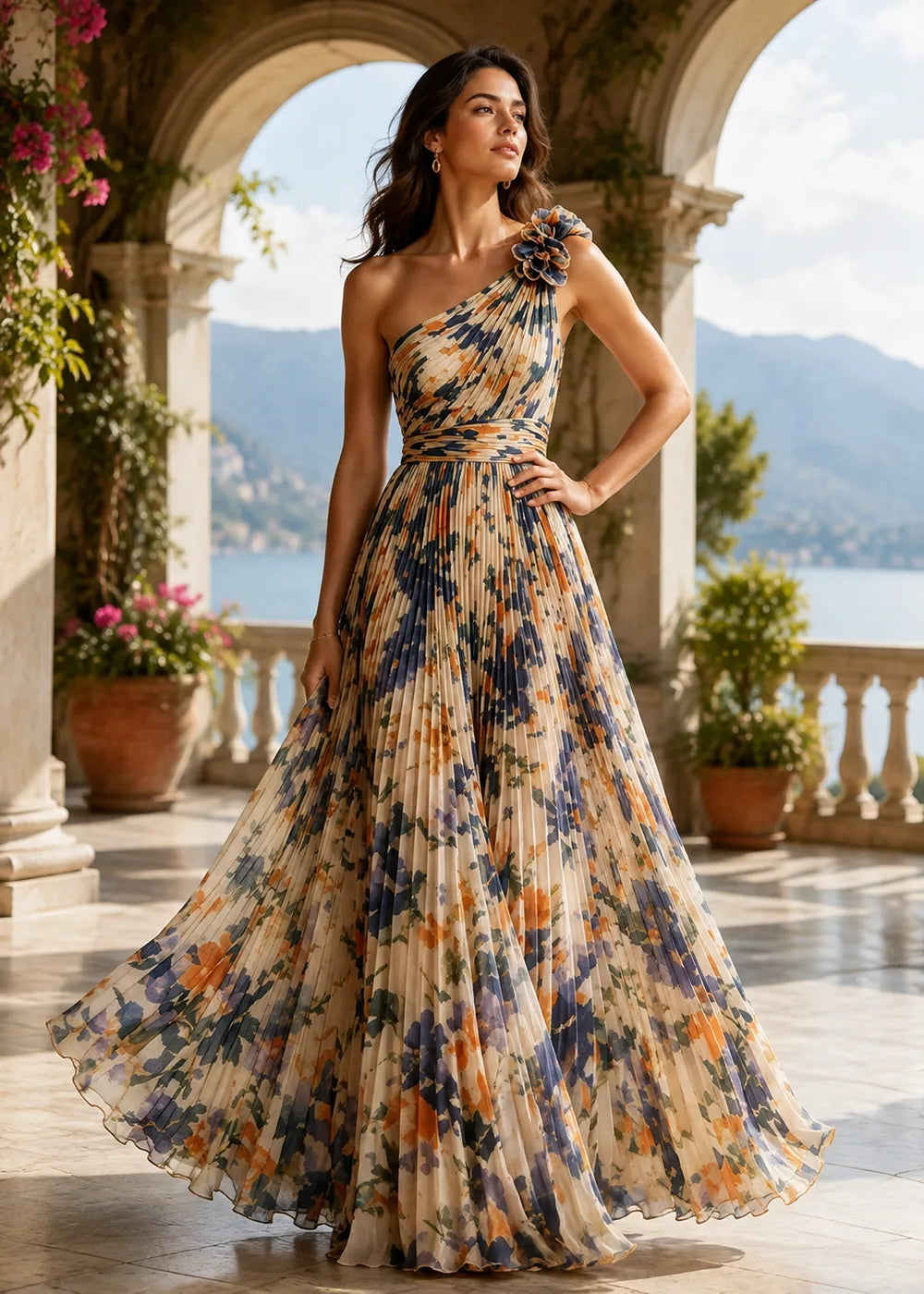 Floral Pleated One Shoulder Maxi Dress