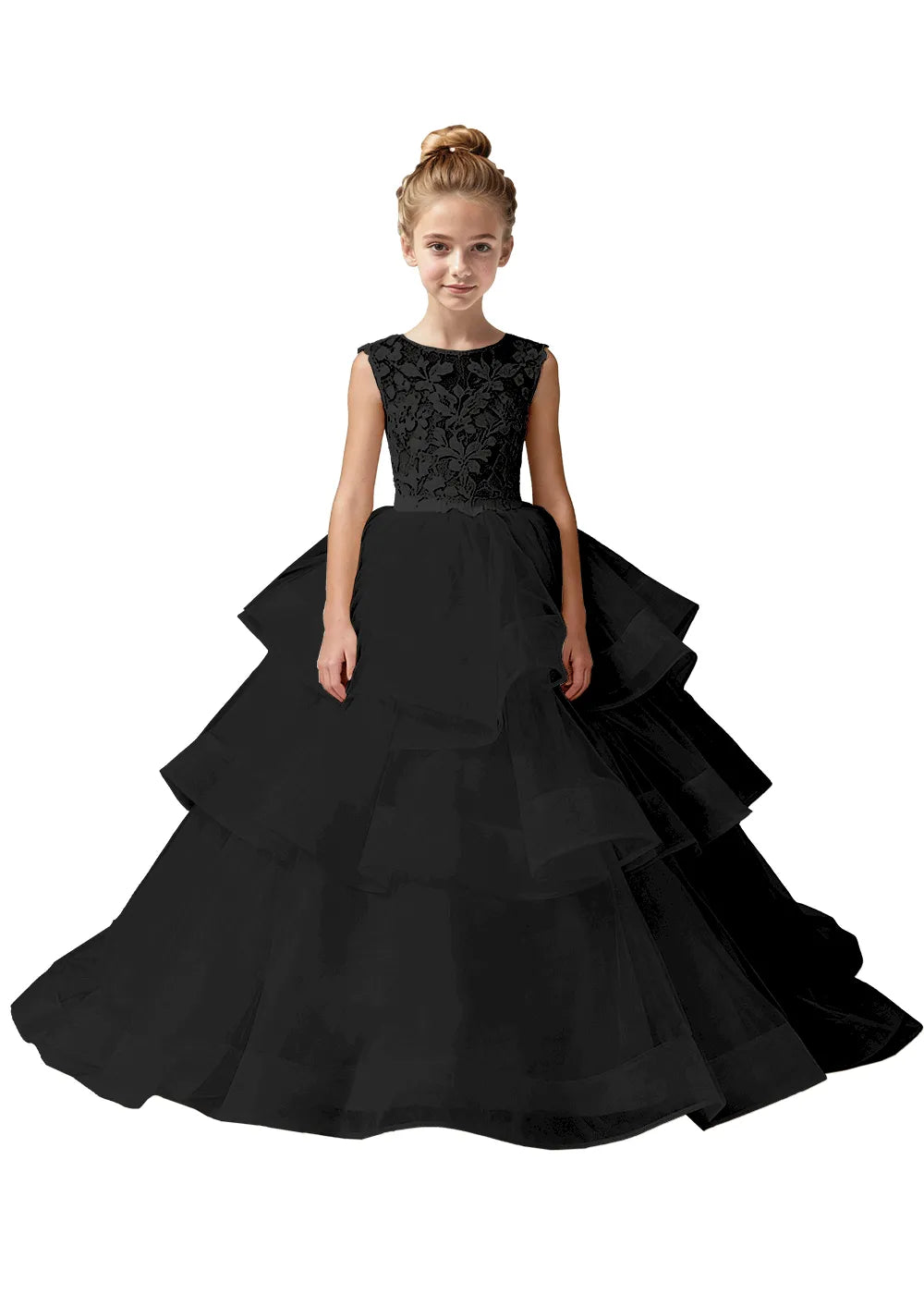 Girls Lace Bodice Tiered Tulle Ball Gown