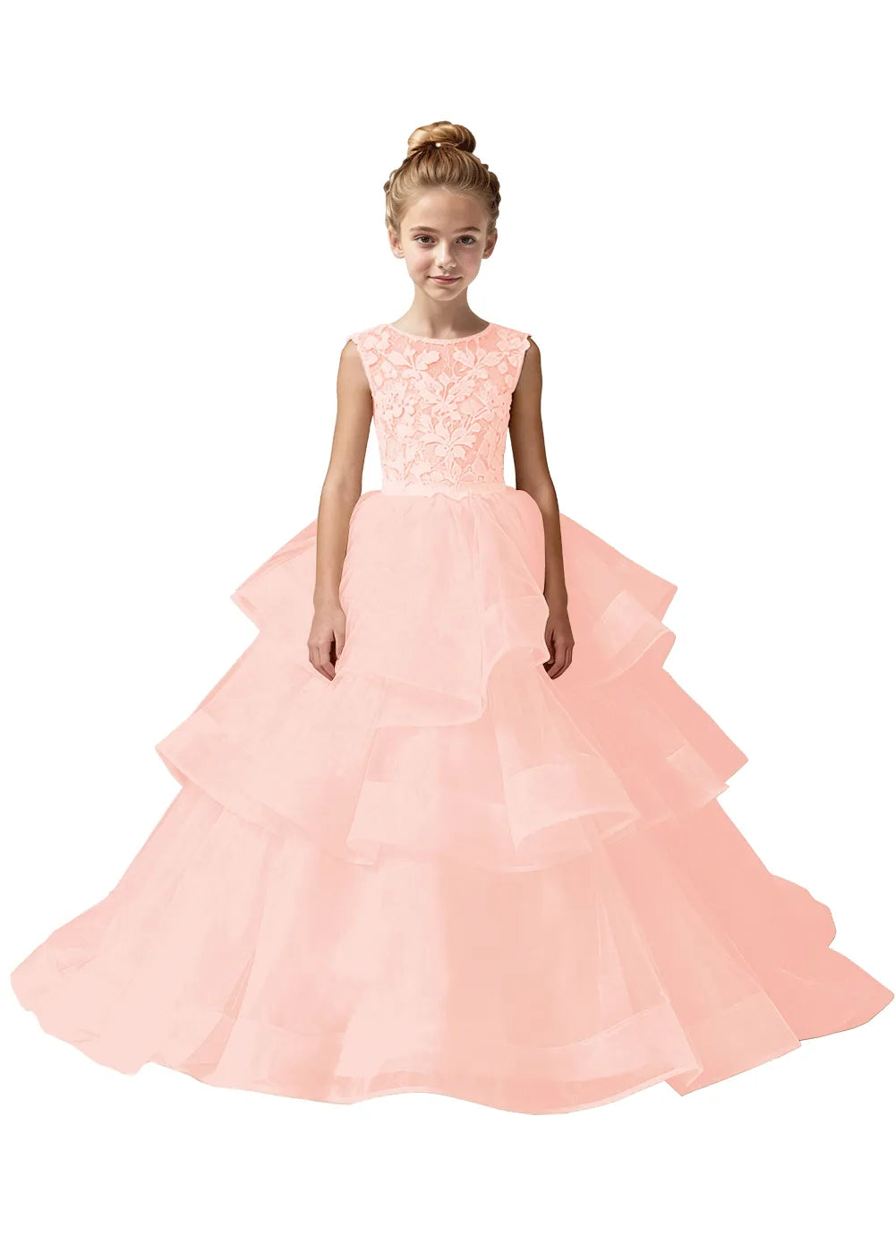 Girls Lace Bodice Tiered Tulle Ball Gown