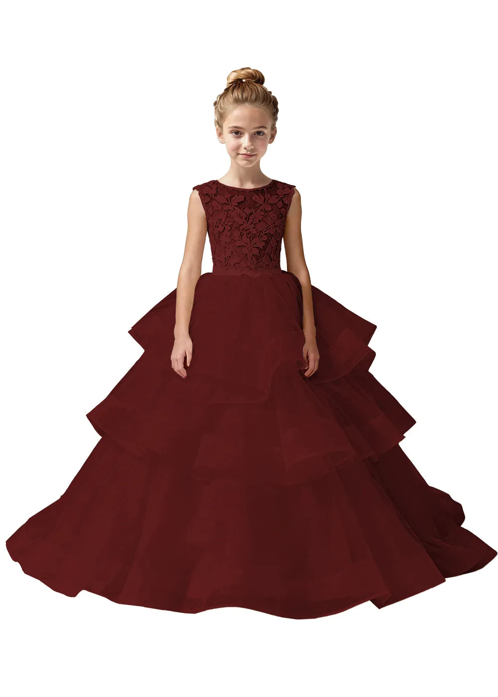 Girls Lace Bodice Tiered Tulle Ball Gown