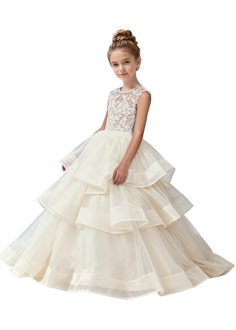 Girls Lace Bodice Tiered Tulle Ball Gown