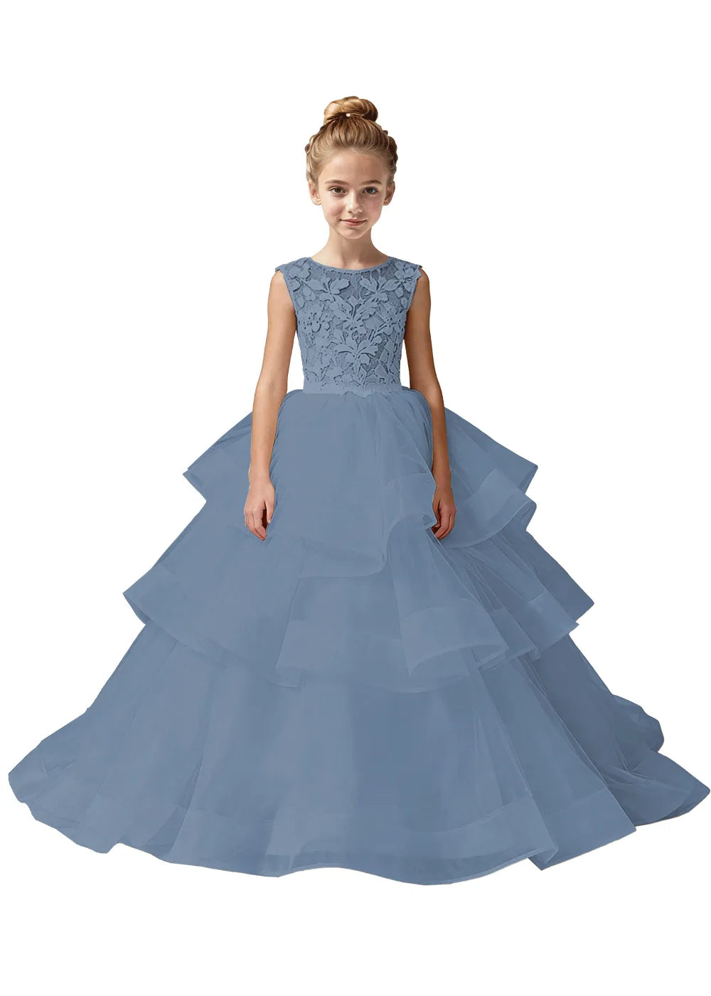 Girls Lace Bodice Tiered Tulle Ball Gown