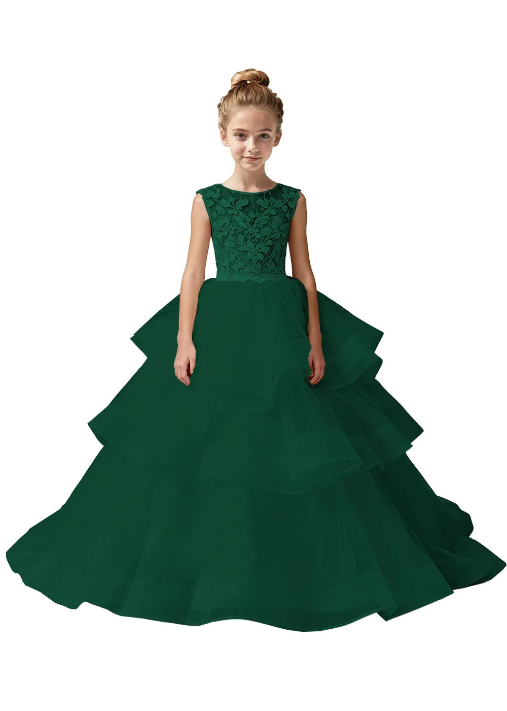 Girls Lace Bodice Tiered Tulle Ball Gown
