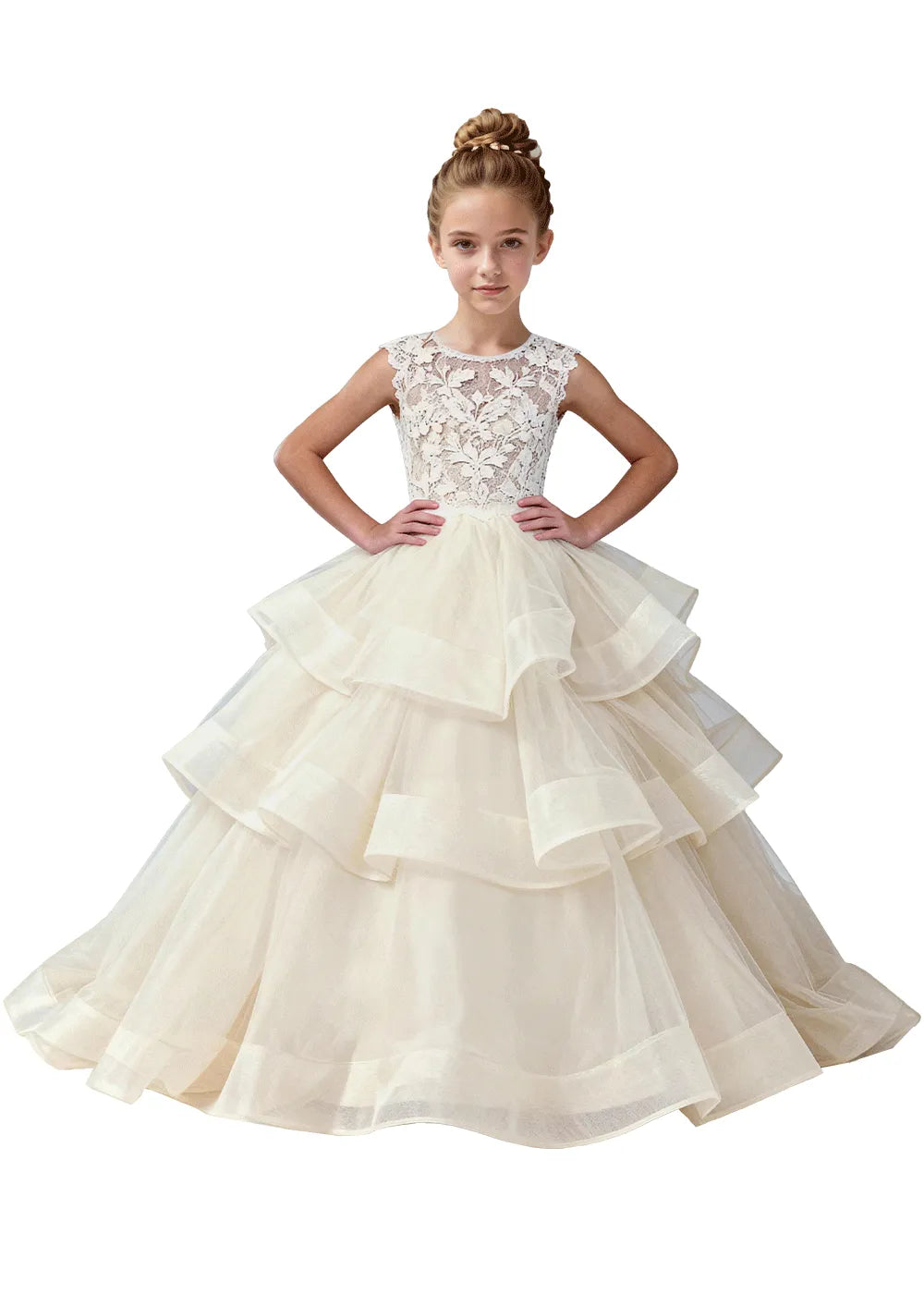 Girls Lace Bodice Tiered Tulle Ball Gown
