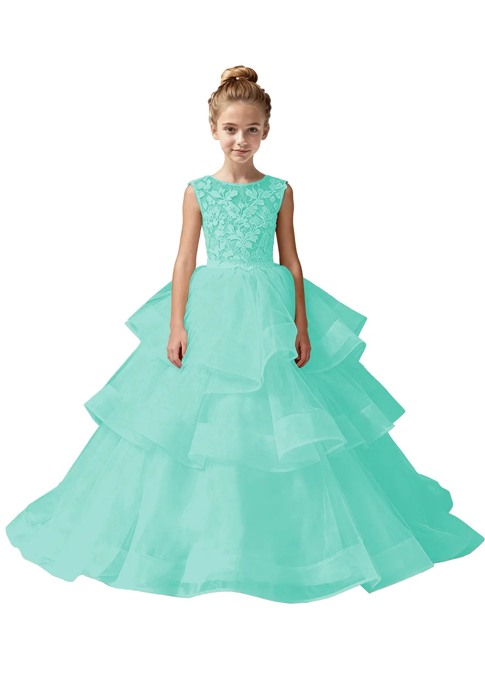 Girls Lace Bodice Tiered Tulle Ball Gown