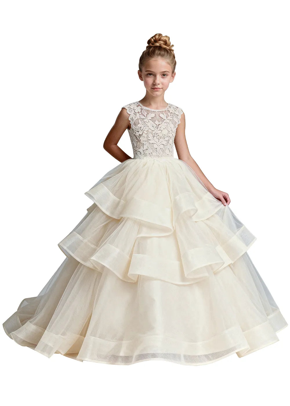 Girls Lace Bodice Tiered Tulle Ball Gown