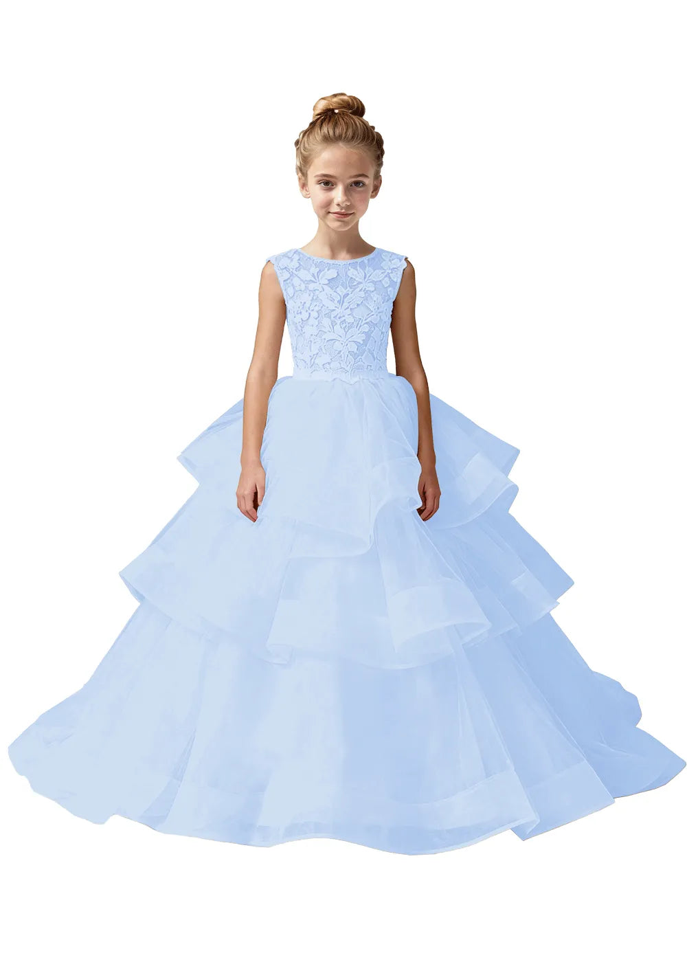 Girls Lace Bodice Tiered Tulle Ball Gown