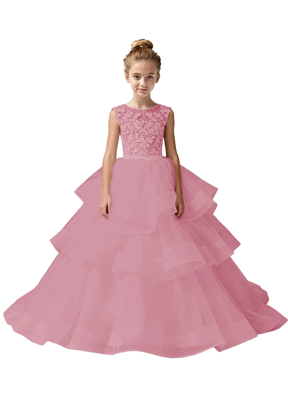 Girls Lace Bodice Tiered Tulle Ball Gown