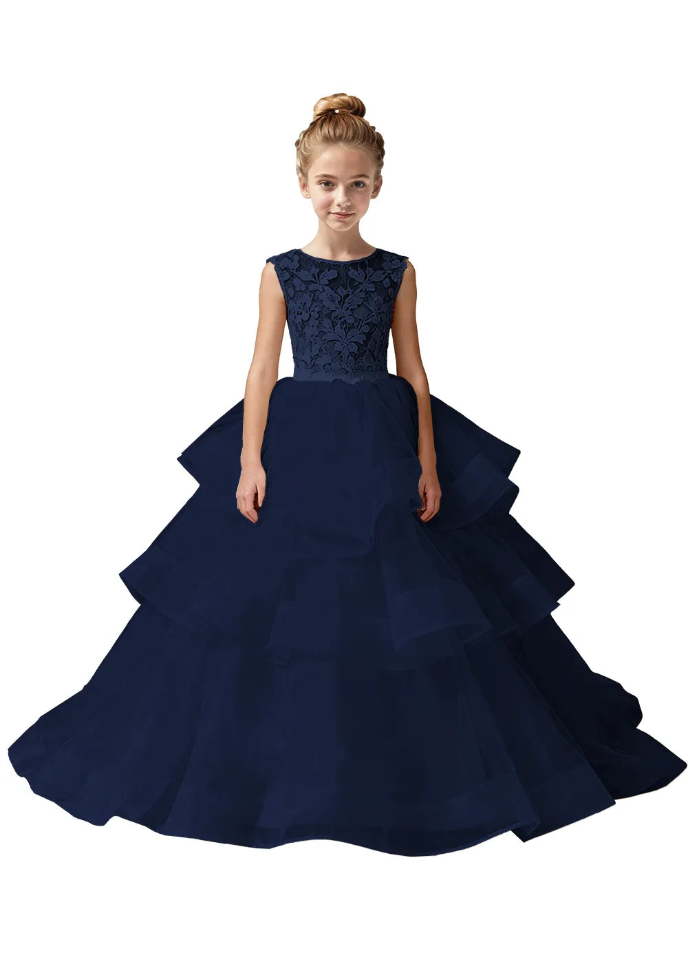 Girls Lace Bodice Tiered Tulle Ball Gown